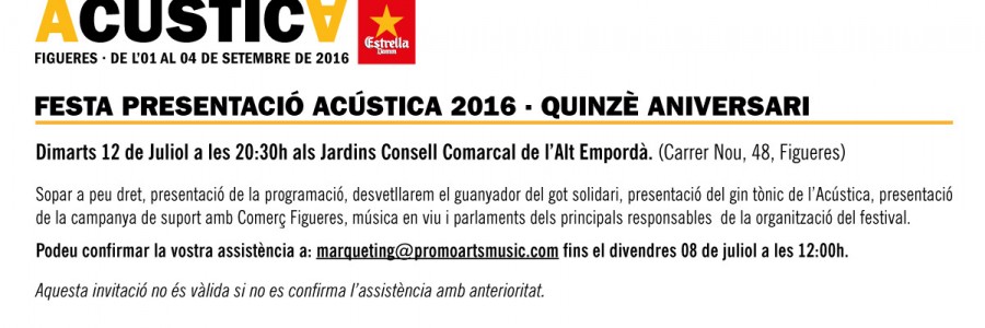 Només per associats, invitació a la Festa Presentació de l'Acústica 2016.